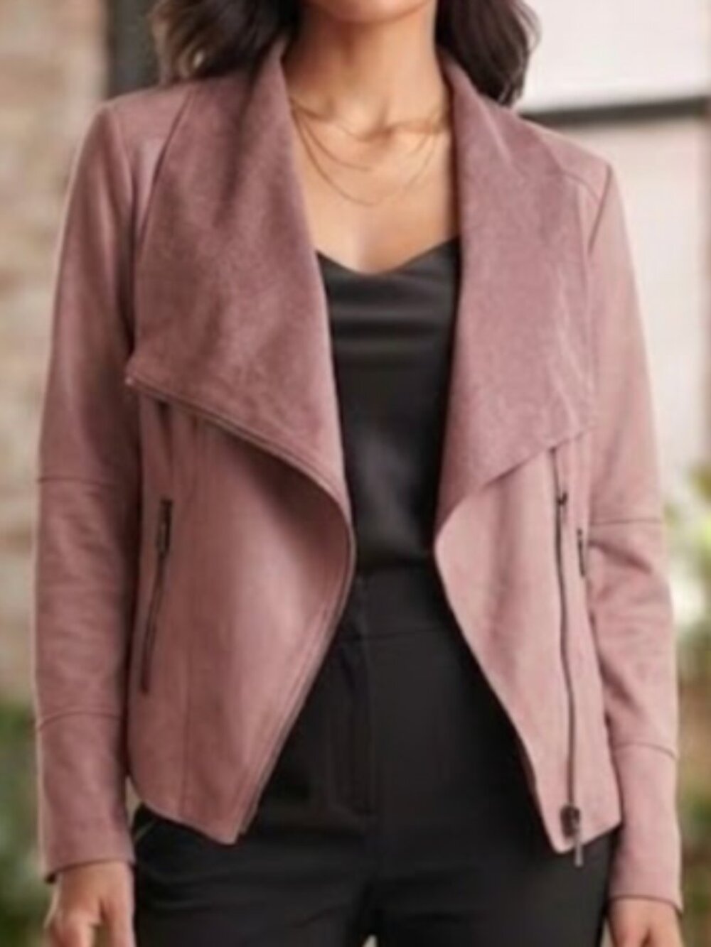 Bagatelle Blush Dusty Rose Faux Leather Drape Open Front Moto Jacket L